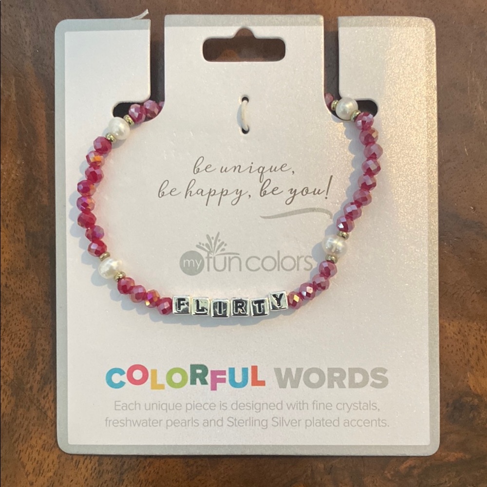 “FLIRTY” Colorful Words Silver Plated accents bracelet. NWT